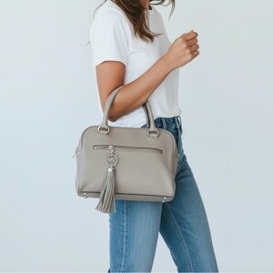 Michael Kors Taupe Dome Satchel with Tassel Charm and Crossbody Strap